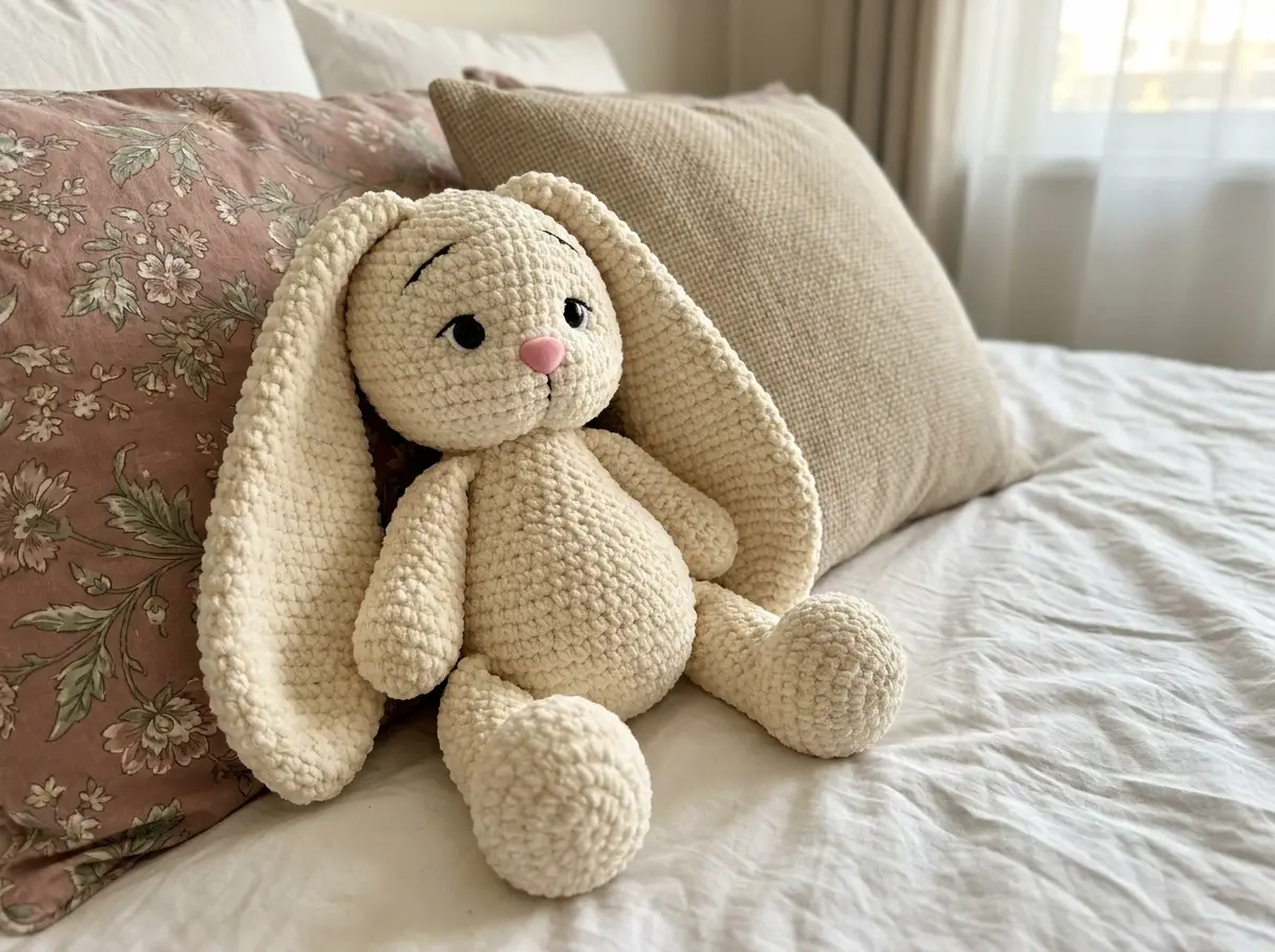 Cream plush bunny amigurumi sitting on a white bed leaning against pink floral and beige pillows.