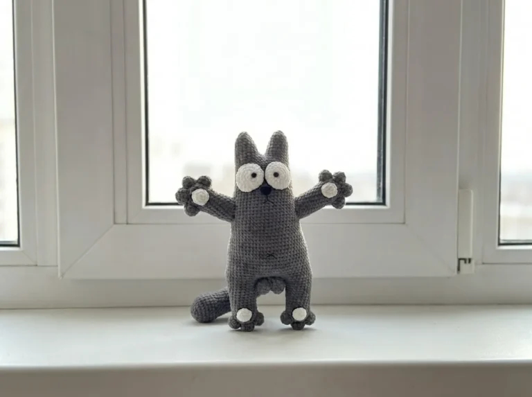 Gray plush Simon's Cat amigurumi standing on a white windowsill for this crochet cat pattern.