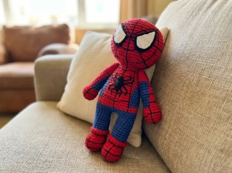 Red and blue Spiderman crochet pattern free amigurumi toy leaning on a beige couch with embroidered web details.