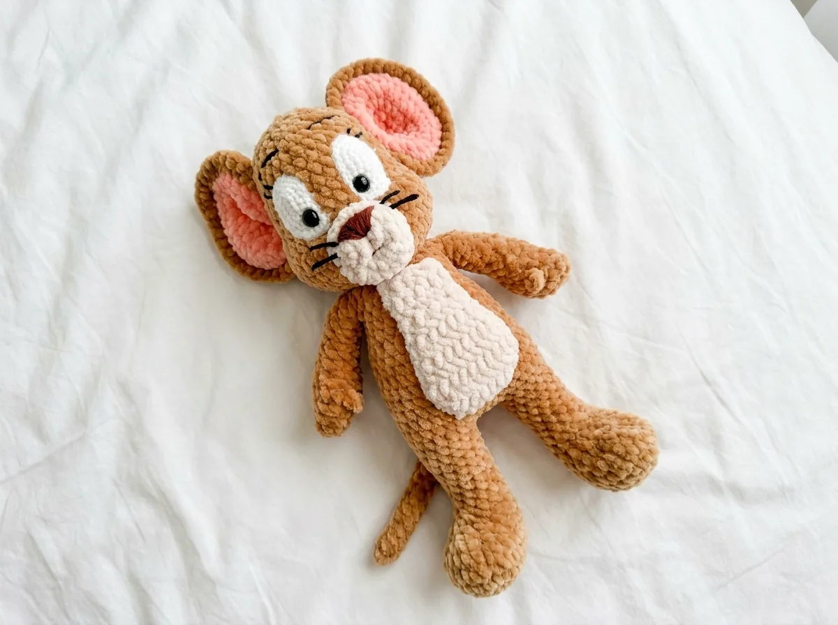 Brown plush Jerry mouse toy on white bedding for this tom and jerry crochet pattern free.