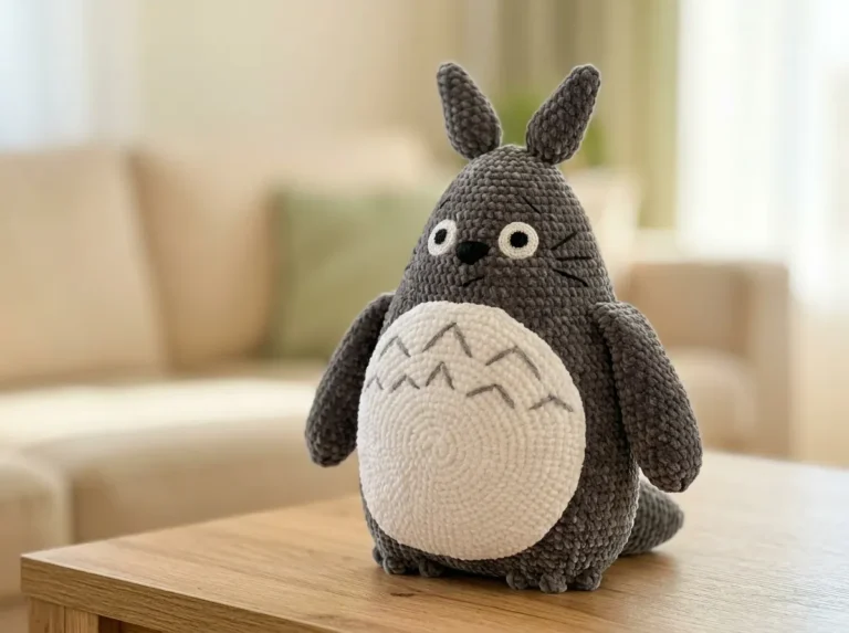 Grey plush Totoro crochet toy made with velvet yarn standing on a wooden coffee table.