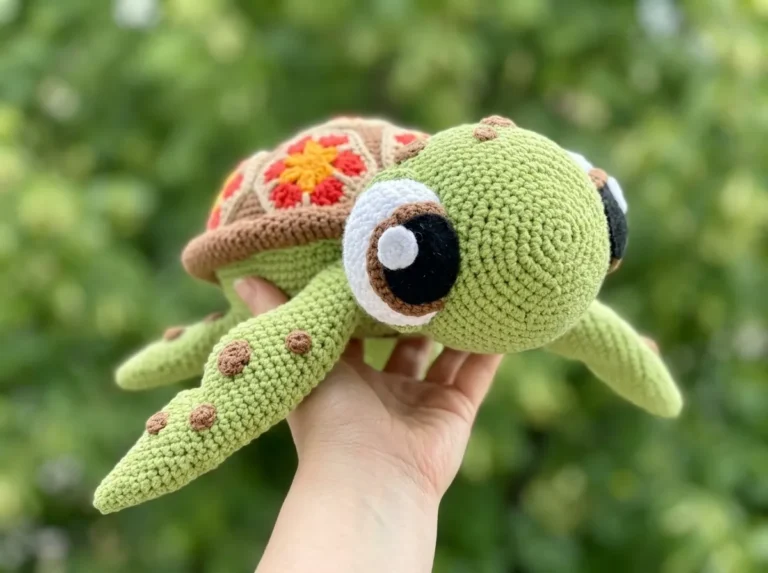 A green turtle amigurumi toy held in a hand, showing a detailed floral African flower shell against a blurred green background.