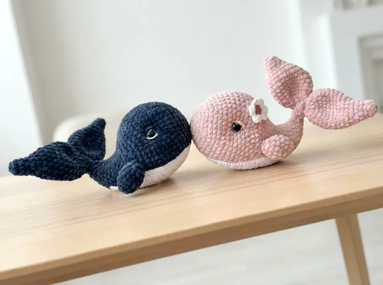 Dark blue and pink plush yarn toys from a whale amigurumi pattern free resting on a light wood table.