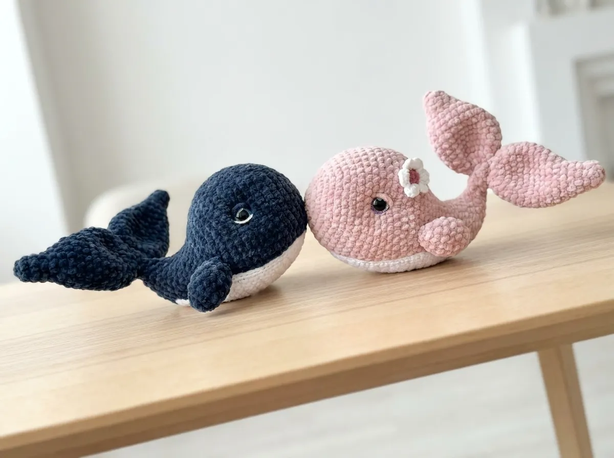 Dark blue and pink plush yarn toys from a whale amigurumi pattern free resting on a light wood table.