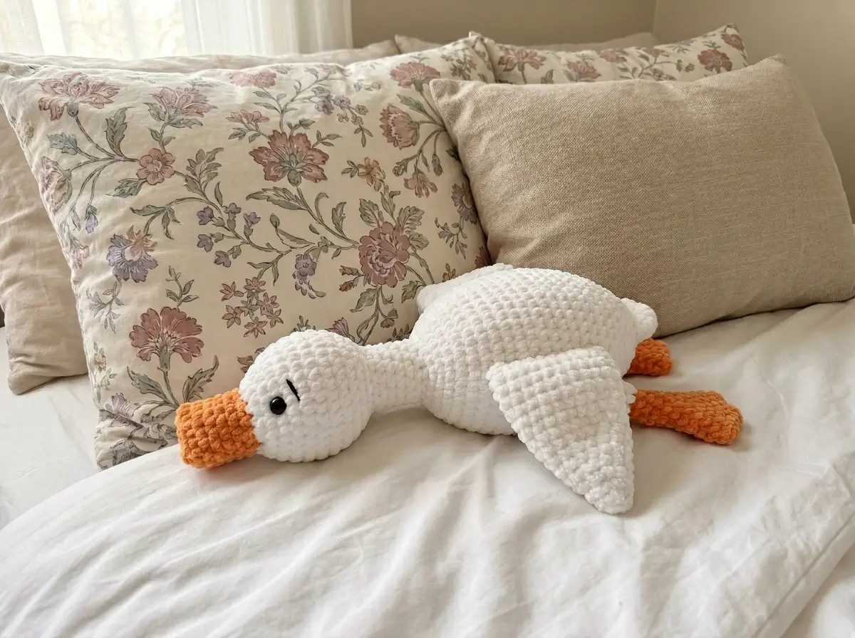 White chenille goose amigurumi with orange beak on a bed with floral pillows and white bedding.