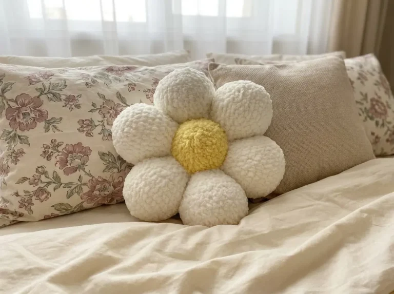 White and yellow daisy crochet pillow made of plush chenille yarn on a bed with floral pillows.
