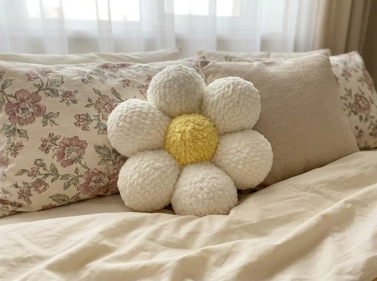 White and yellow daisy crochet pillow made of plush chenille yarn on a bed with floral pillows.