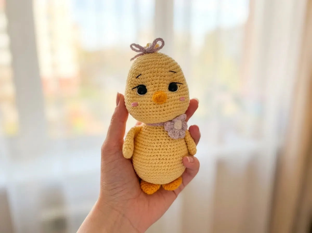 Hand holding a yellow yarn amigurumi chick with a purple flower collar and bow, against a blurred bright window.