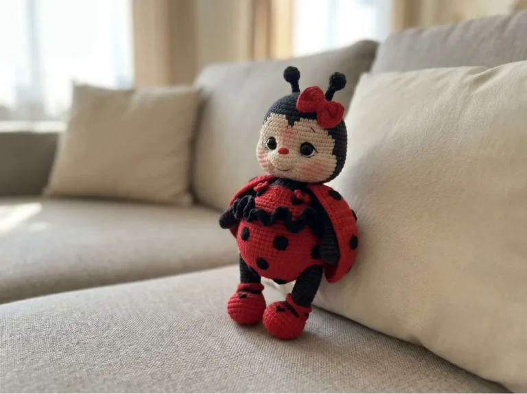 Red and black yarn crochet ladybug with a bow, standing on a light grey couch leaning against a cream throw pillow.