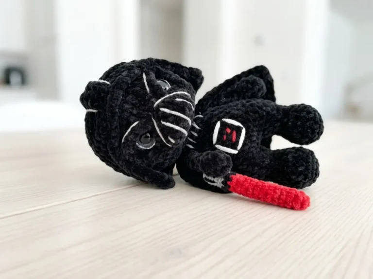 Black plush yarn crochet Darth Vader toy lying on a light wood table with a red lightsaber.