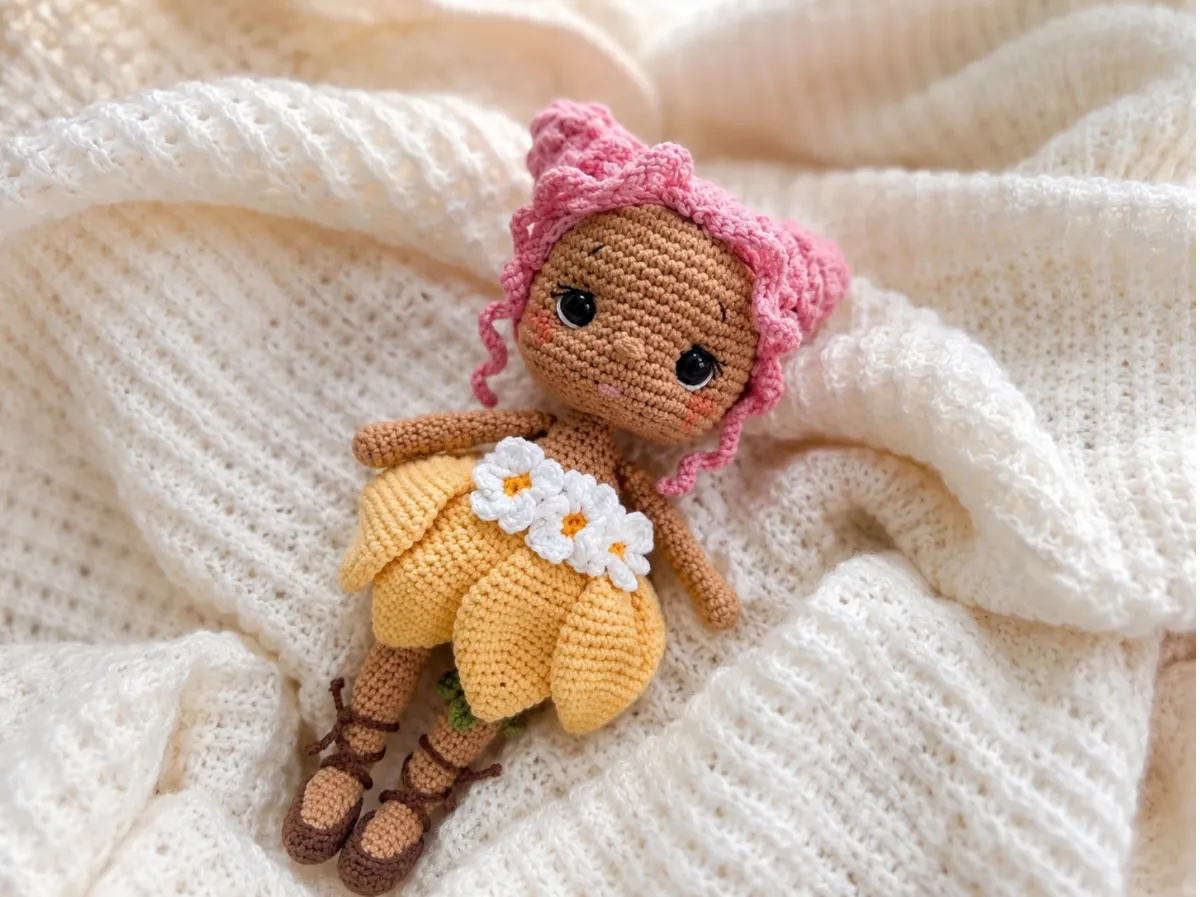 A cotton yarn doll amigurumi with pink hair, brown skin, and yellow petal dress lying on a cozy white knit blanket.