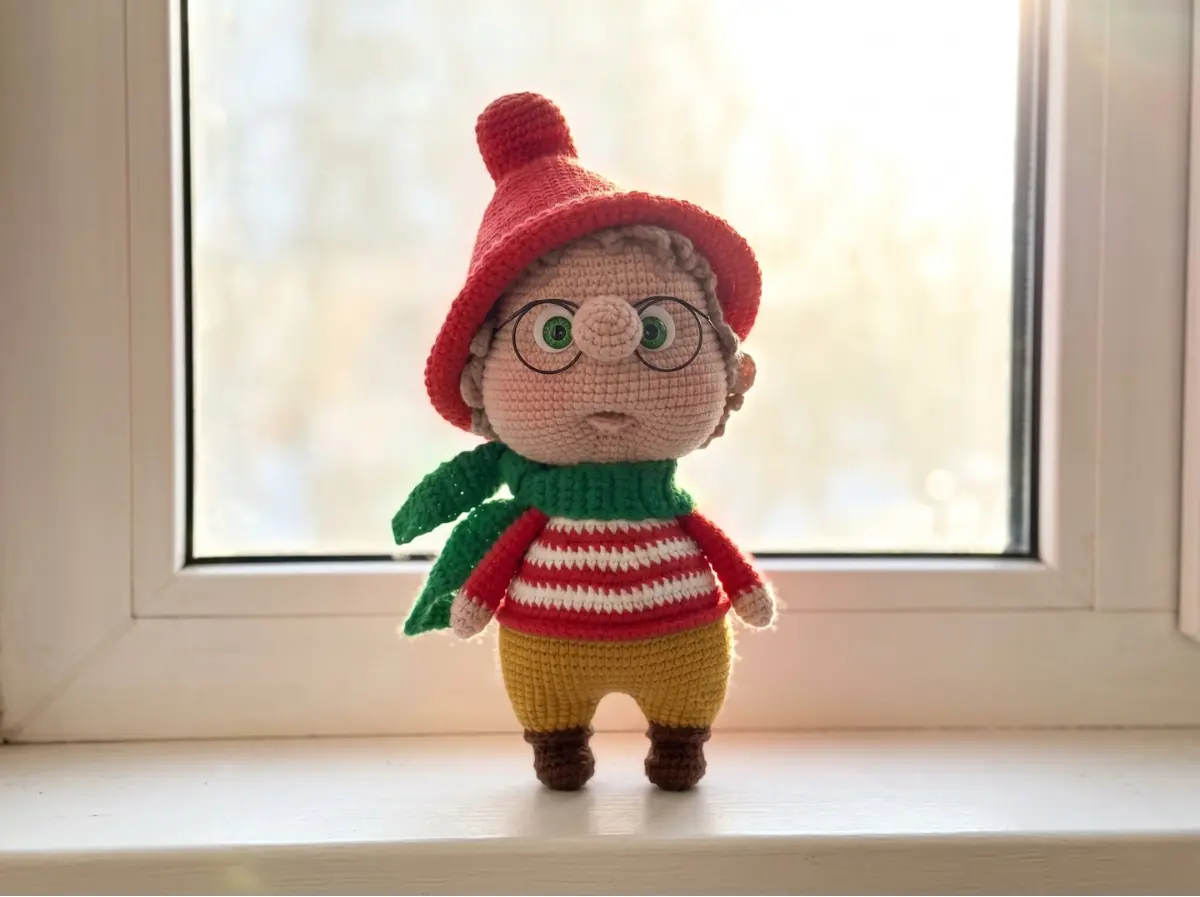 A completed free crochet gnome pattern amigurumi figure made with bright yarn, standing on a sunlit white windowsill.