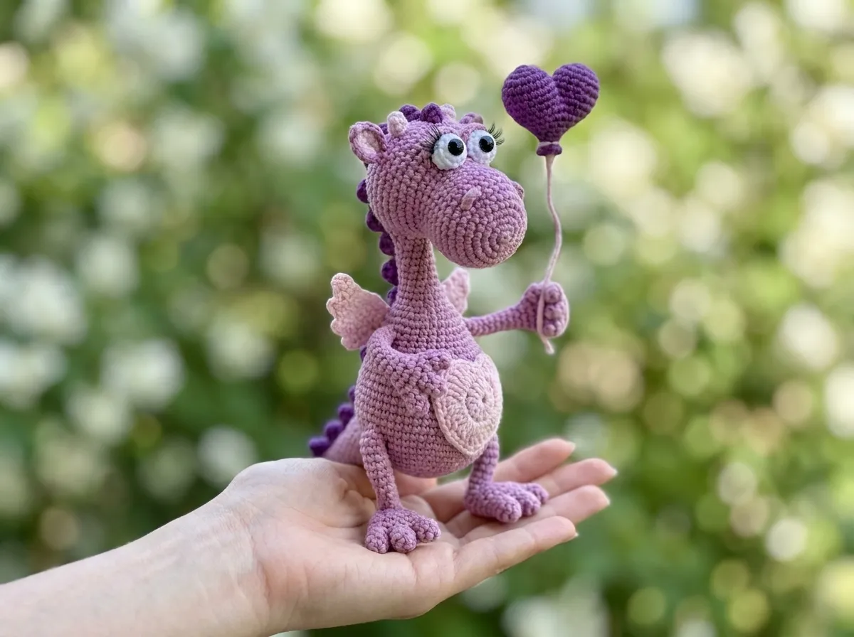 Purple toy from a free cute dragon amigurumi crochet pattern held in a hand with a heart balloon against green bokeh.Purple toy from a free cute dragon amigurumi crochet pattern held in a hand with a heart balloon against green bokeh.