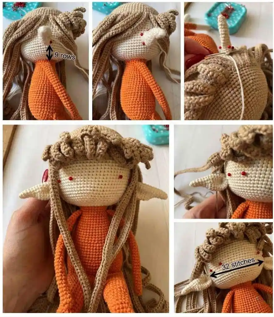 A multi-photo crochet tutorial collage demonstrating how to pin and sew the beige crochet hair cap, curly bangs, and pointed ears onto a handmade elf plush, with red pins marking the exact ear placement.