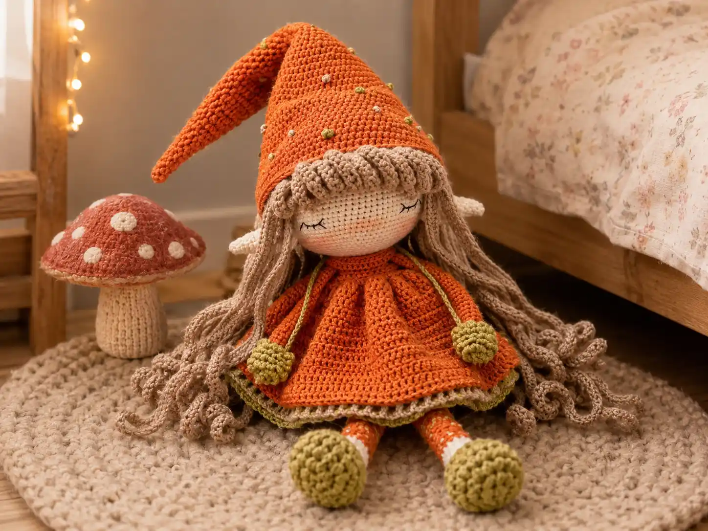 Crocheted orange elf doll sitting with an Amanita mushroom using the free elf amigurumi pattern.