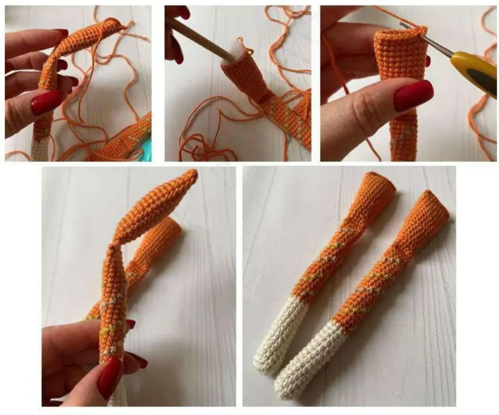 Five photos showing how to loosely stuff the orange and white crocheted legs and crochet the top edges together for the free elf amigurumi pattern.