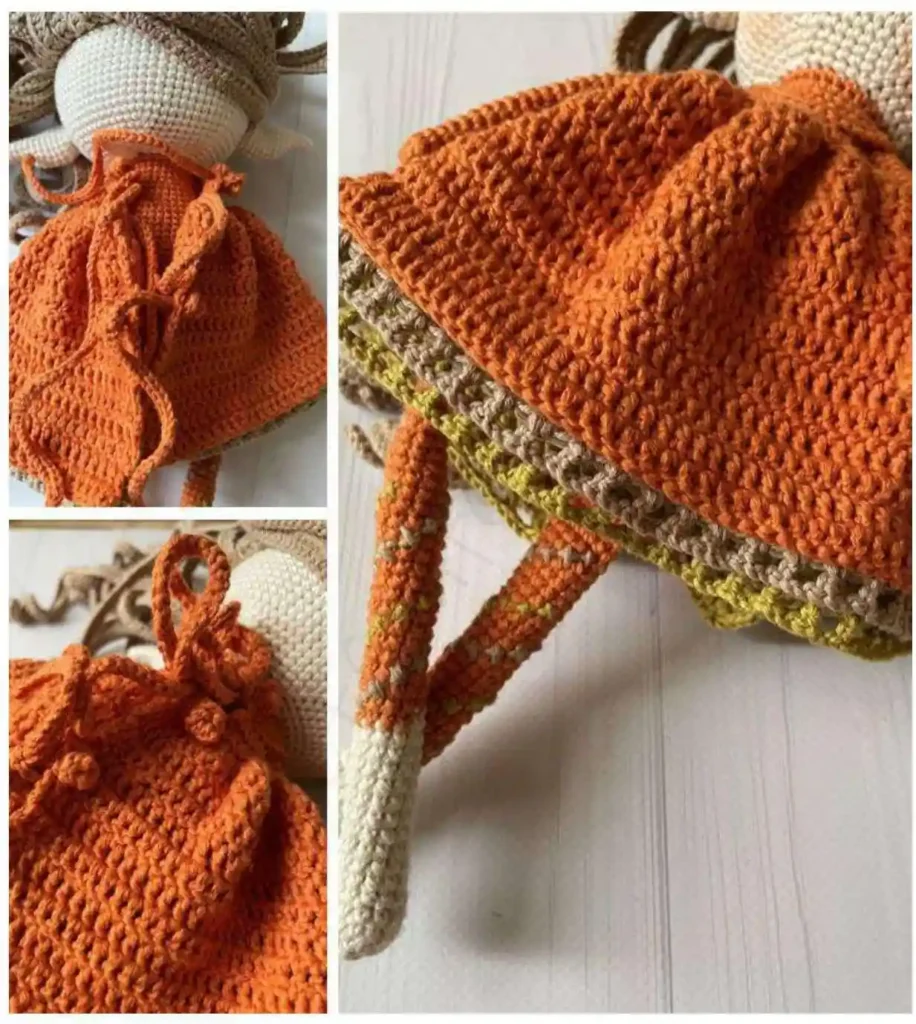 A close-up multi-photo collage showing the detailed texture of a ruffled orange crochet elf dress, focusing on the layered beige and green tea hem accents, the cross-stitch leg embroidery, and the back lacing ties.