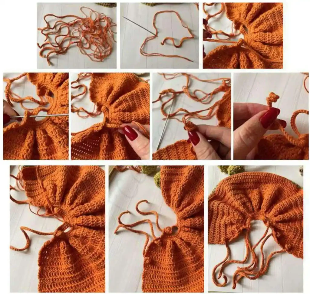 A step-by-step photo collage demonstrating how to thread six orange crocheted ties through the back loops of an amigurumi dress using a tapestry needle, and finishing them with double knotted ends.