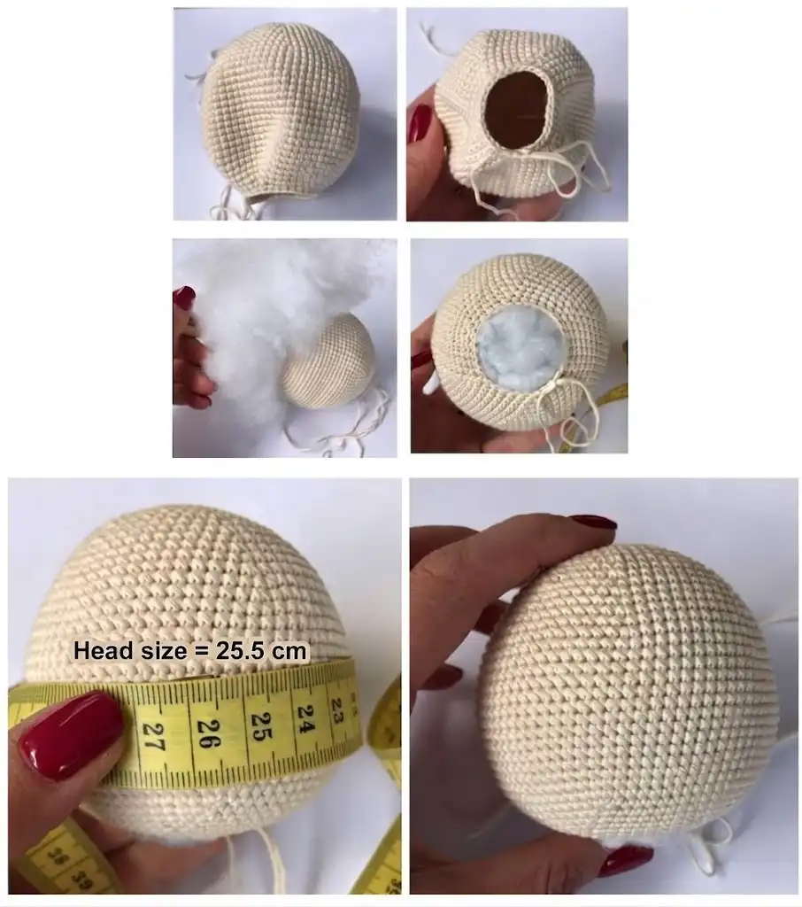 A collage of six photos showing a milky white crocheted head being firmly stuffed with polyester fiberfill and measured to 10 inches for a free elf amigurumi pattern.