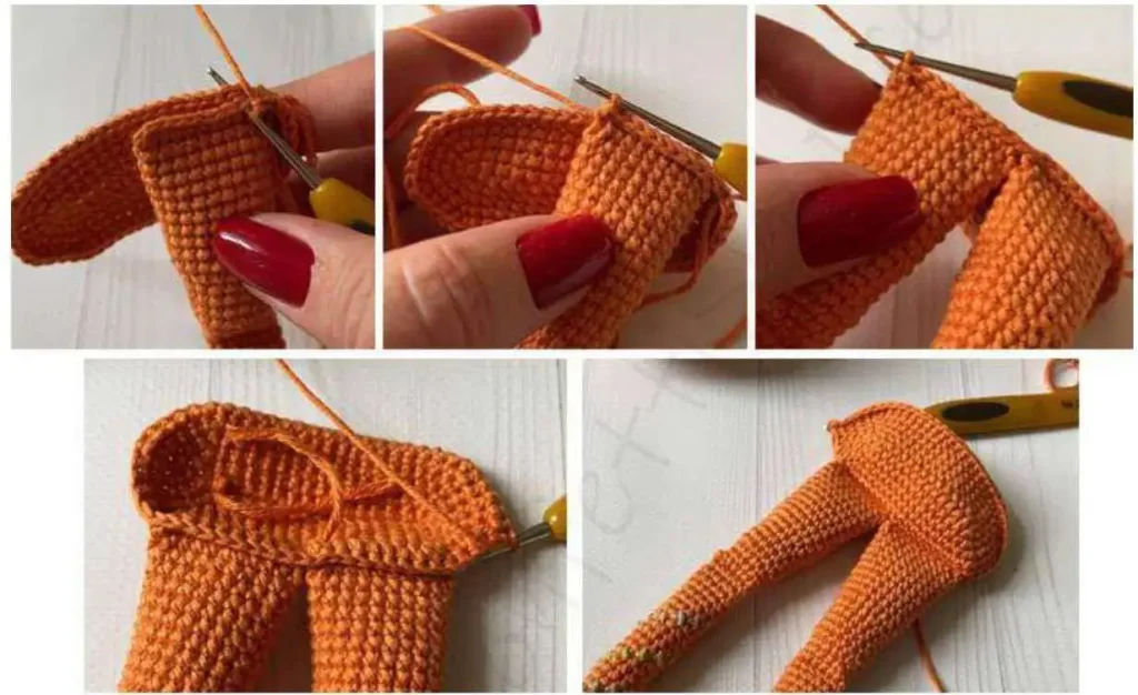 A collage of five step-by-step photos showing a crocheter using orange yarn to seamlessly crochet the legs directly into the oval base of the body for the free elf amigurumi pattern.