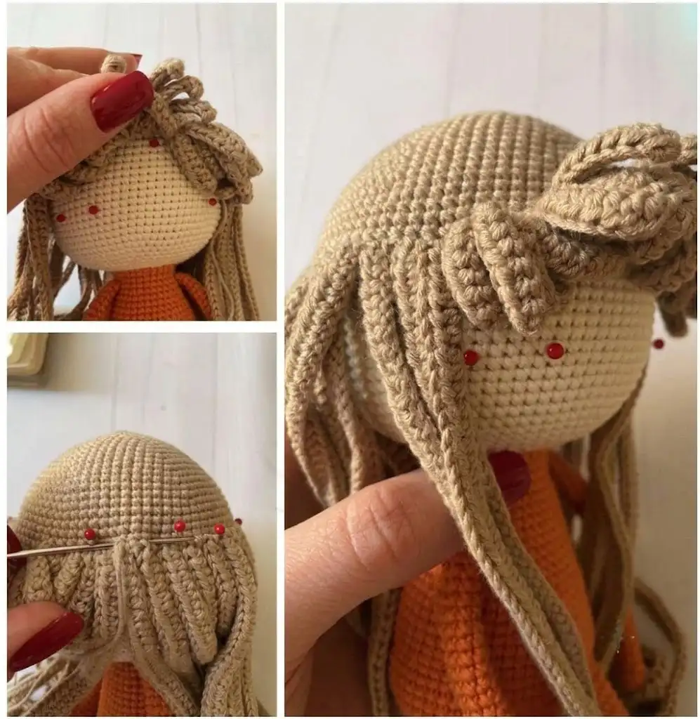 Three close-up photos demonstrating how to attach the Beige hair cap to the amigurumi head. Red pins are utilized to hold the short crocheted bangs and long hair strands in place before sewing the cap down.