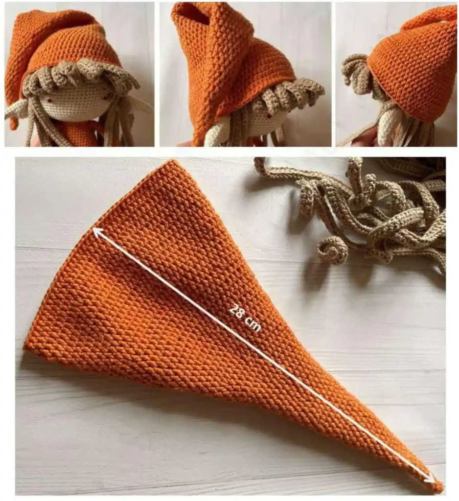 A multi-photo collage showing a handmade amigurumi elf wearing a slouchy orange crocheted hat over its beige hair, alongside a flat lay of the hat showing it measures 28 cm long from tip to brim.