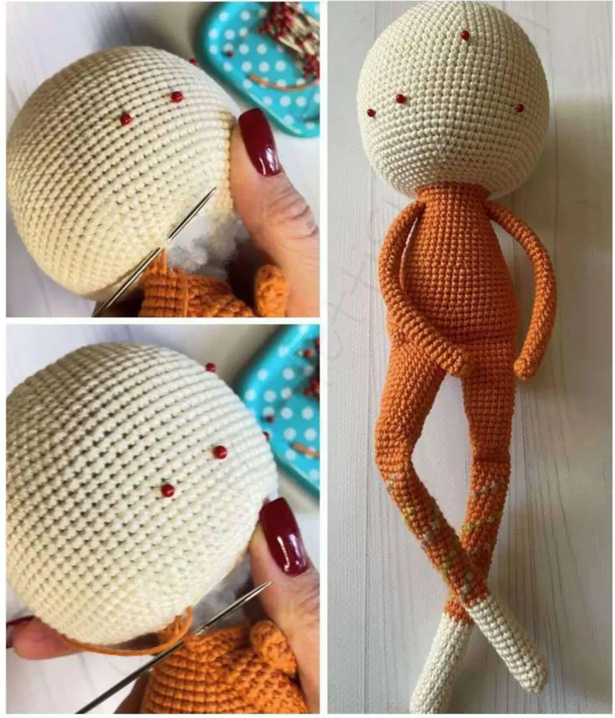A collage showing the Milky White head being sewn to the Orange body using a tapestry needle. The right panel displays the fully assembled plush structure, featuring the optional green and orange diagonal cross-stitch embroidery on the legs. Red pins are visible marking the future placement for the embroidered eyes.