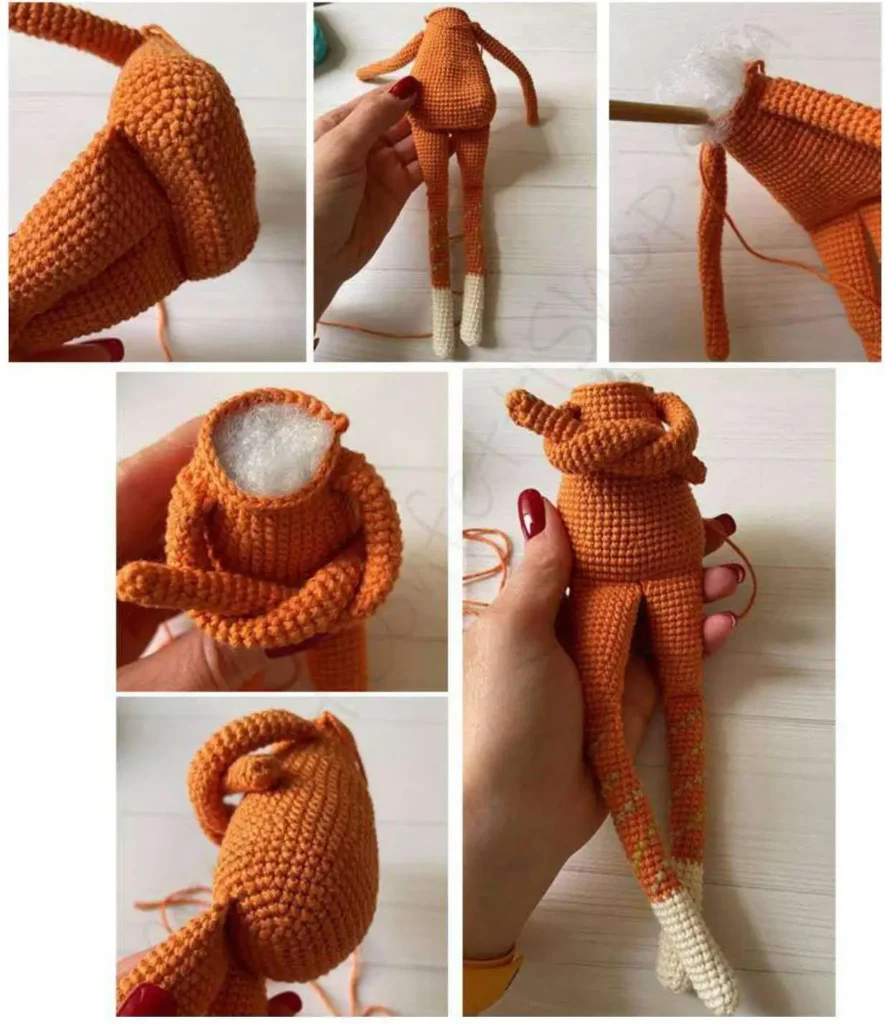 A collage of six photos illustrating the process of stuffing the Friendly Elf amigurumi plush body. Multiple views show the orange crocheted humanoid torso (without head, but with arms and legs attached) being packed with white polyester fiberfill through openings at the neck and bottom. Hands are shown holding the piece, and one photo details stuffing being pushed in with a tool to achieve a firm pack.