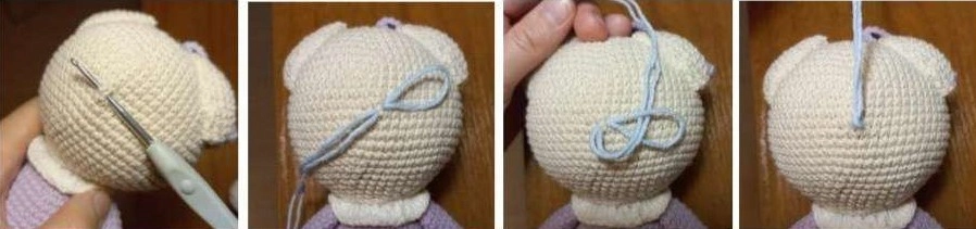 Step-by-step process showing a crochet hook pulling a loop of light blue yarn through a crocheted head and tightening it into a secure knot for a doll's mane.