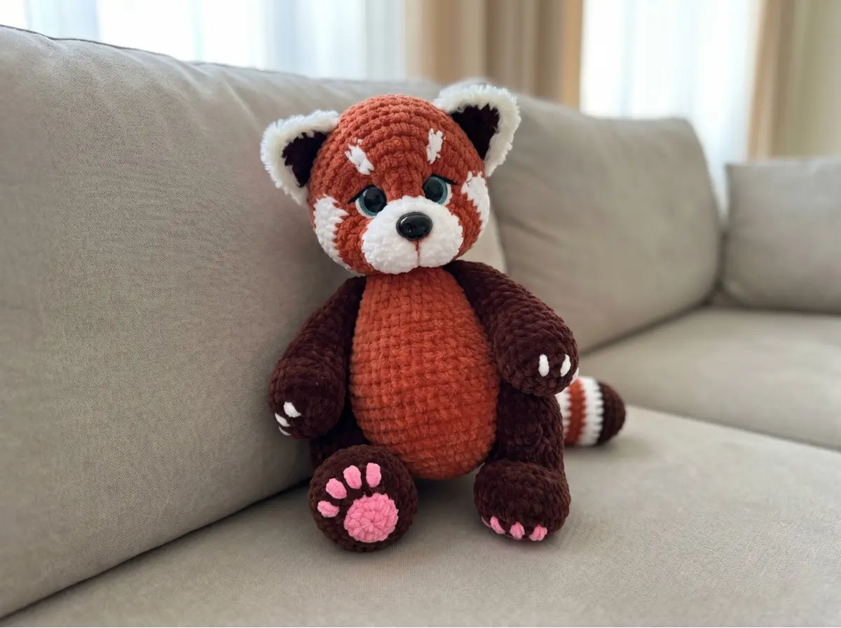 A plush red panda crochet toy made with thick orange and brown yarn, sitting on a light beige living room sofa.