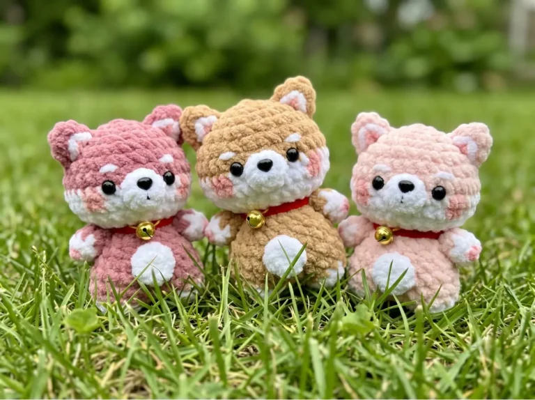 Three shiba inu crochet toys in pink and tan plush yarn with red collars and bells, sitting together in bright green grass.