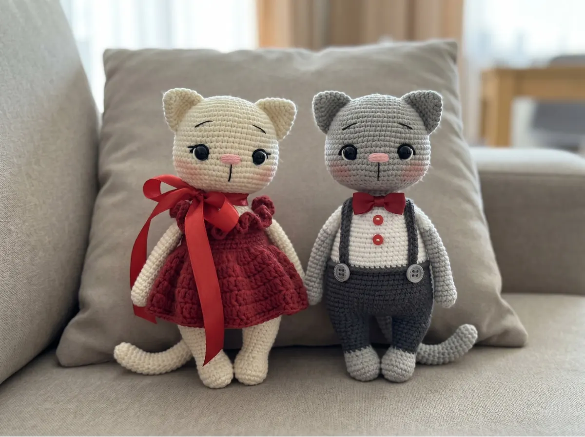 White and grey amigurumi crochet cat couple in red outfits sitting on a beige couch with cotton yarn details.