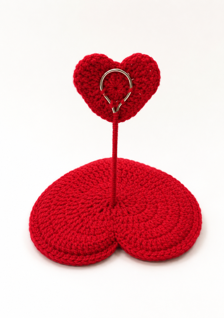 Finished red crocheted heart base with a yarn-wrapped wire stem topped by a small crocheted heart photo holder clip.