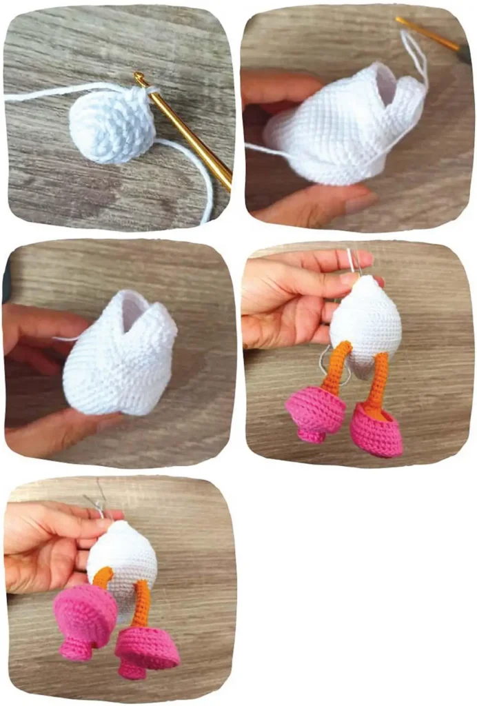 A multi-step visual guide showing the crochet process for the Daisy Duck amigurumi body and the attachment of its legs and pink shoes.