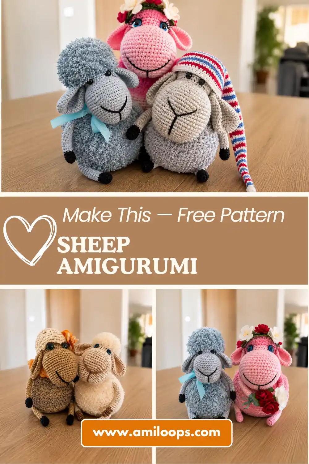 three colorful crocheted sheep plushies sitting outdoors on a wooden surface.