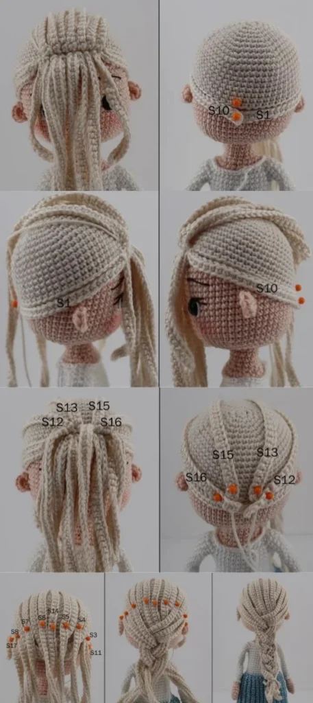Styling process for the ice queen amigurumi hair, including securing strands and braiding