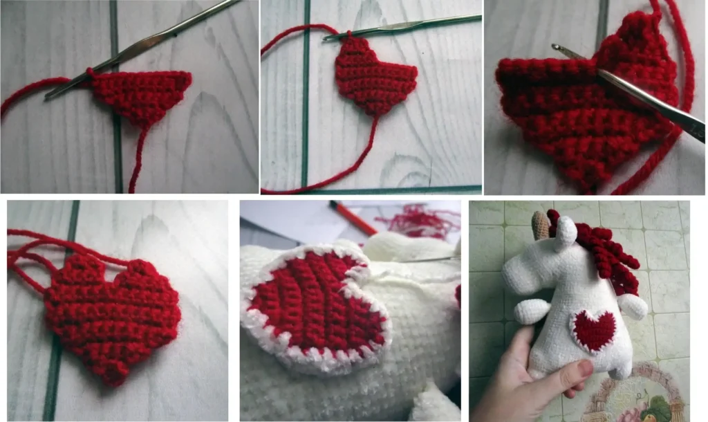 A six-panel photo collage demonstrating the process of crocheting a red heart from flat rows, adding a white plush border, and sewing it onto the belly of a completed white amigurumi unicorn.