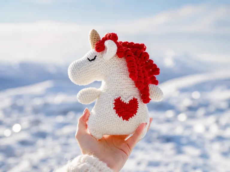 Hand held white yarn crochet unicorn with red mane in snow, for the amigurumi unicorn free pattern.