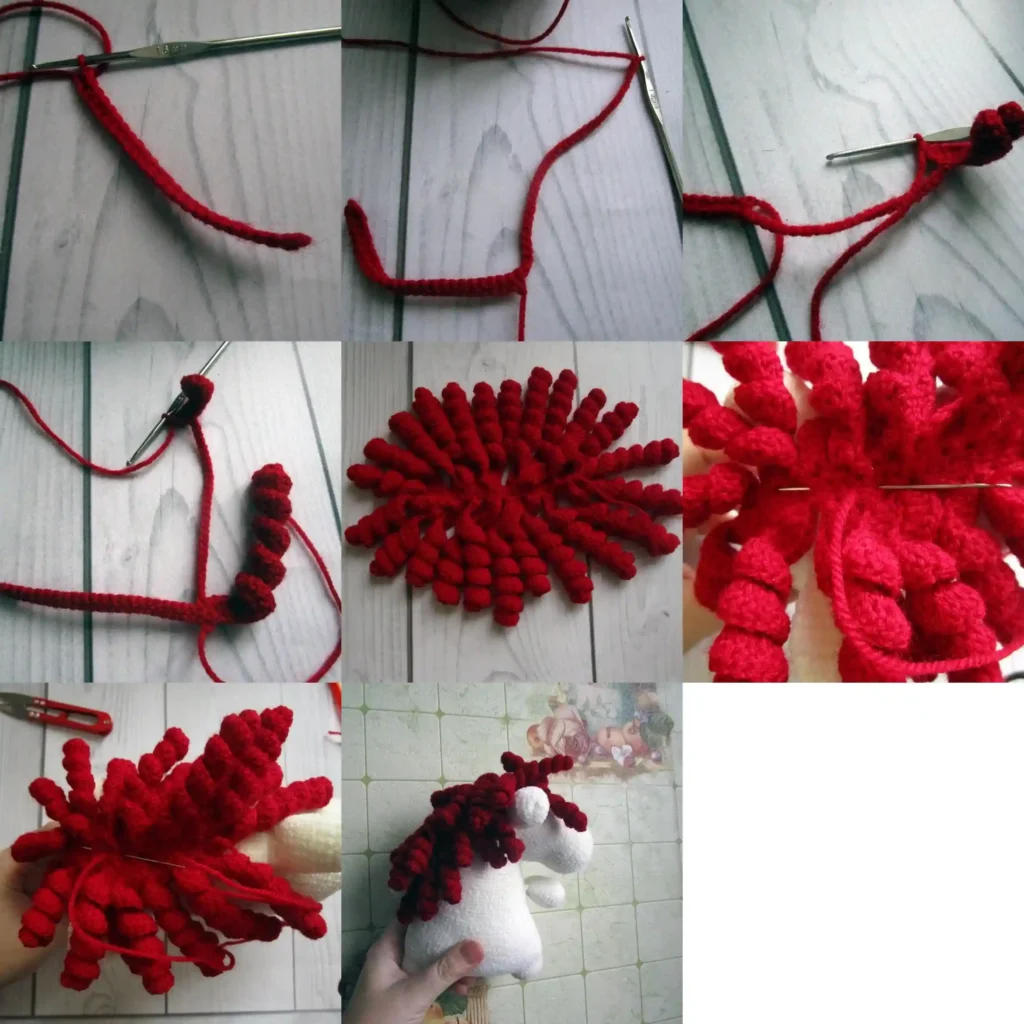 An eight-panel photo collage demonstrating how to crochet the red curly mane and sew it onto the white plush amigurumi unicorn head.