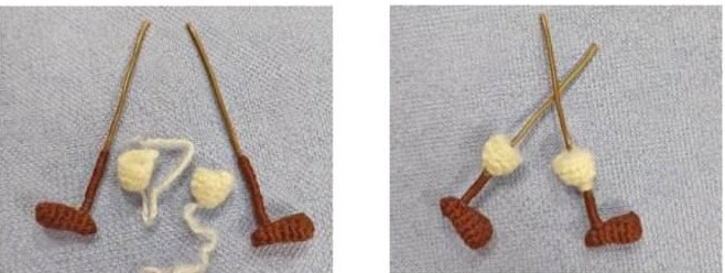A two-panel step-by-step image showing how to slide soft cream white crocheted shins onto yarn-wrapped wired legs for a sheep amigurumi.