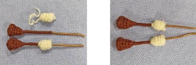 A two-panel step-by-step image showing how to slide soft cream white crocheted sleeves onto yarn-wrapped wired arms for a sheep amigurumi.