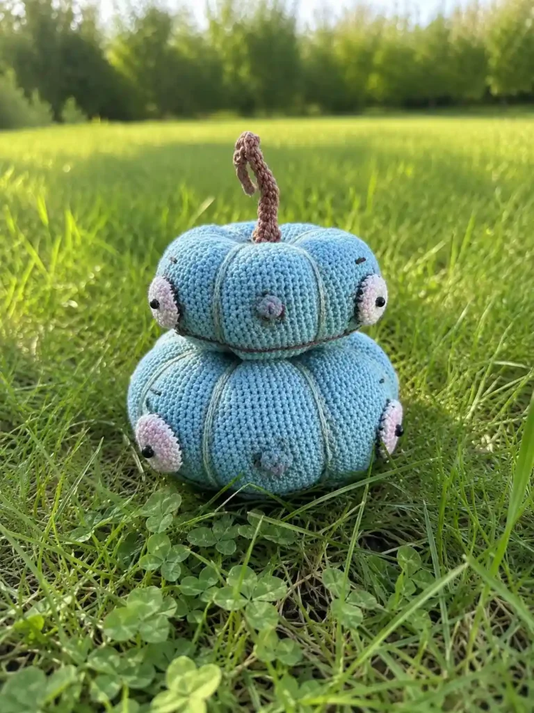 Two-tiered blue crocheted pumpkin amigurumi with a brown stem and black bead eyes on green grass