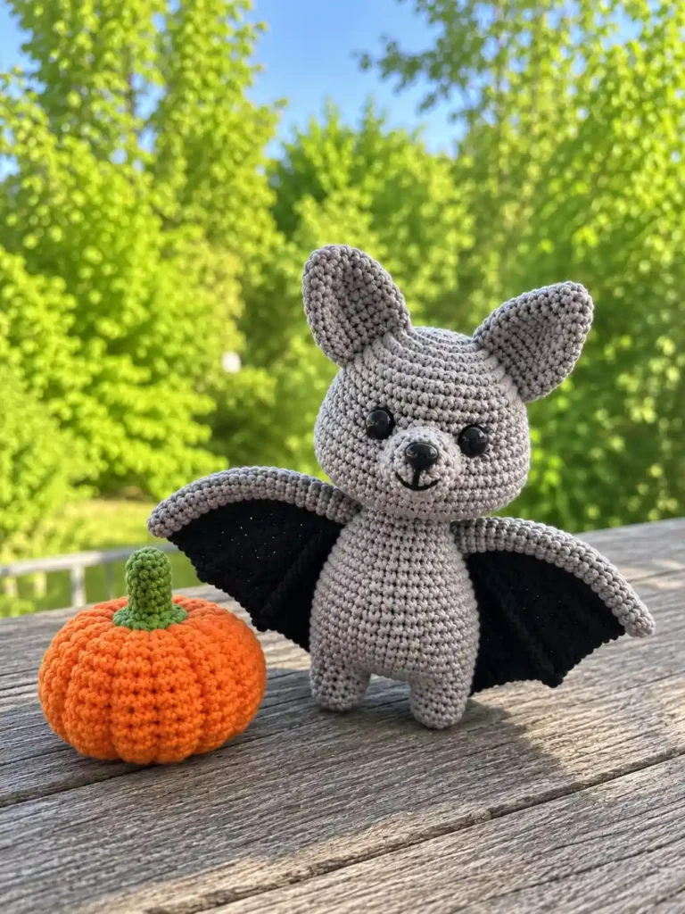 A grey amigurumi bat with open black wings stands on a wooden table beside a small orange crochet pumpkin outdoors.