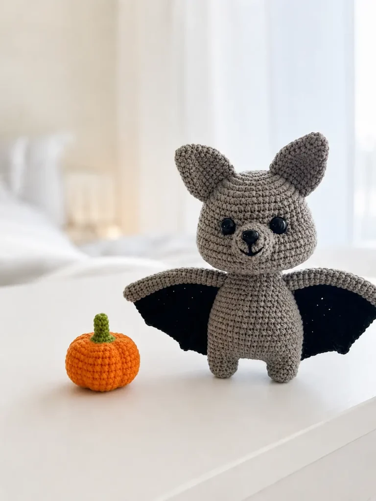 A grey amigurumi bat with black wings sits on a white table next to a tiny orange pumpkin in a bright room.