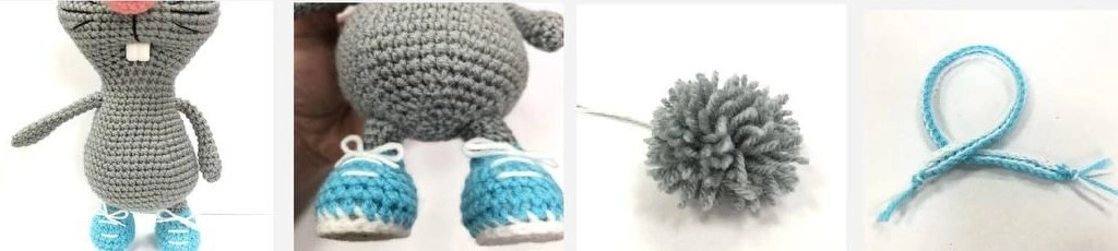 Four panel image showing the attached limbs, close-up of the turquoise shoes, a gray pompom tail, and a striped crochet scarf.