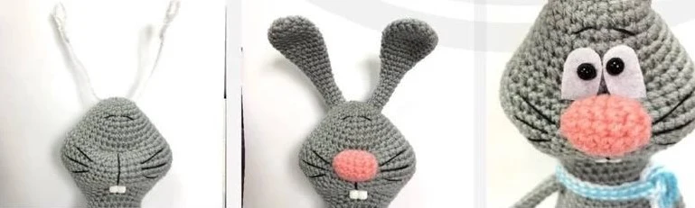 Three panel tutorial showing how to assemble the face of the amigurumi bunny, including wire ears, nose attachment, felt eyes, and teeth.