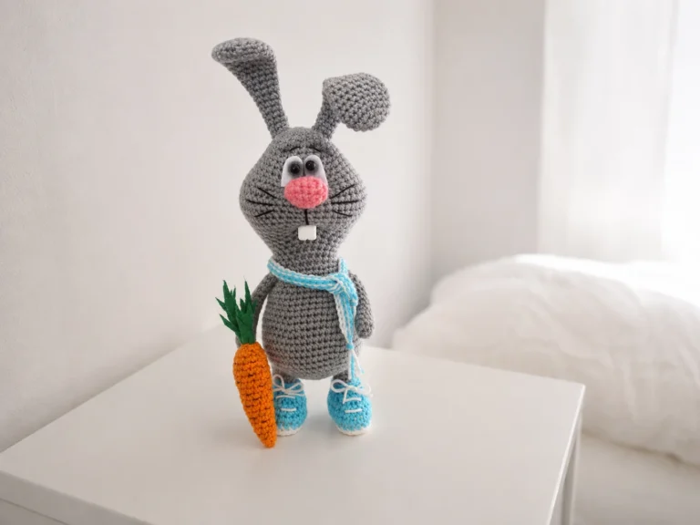 Grey crocheted bucktooth bunny amigurumi free pattern toy with a carrot, blue shoes, and scarf on a white table.