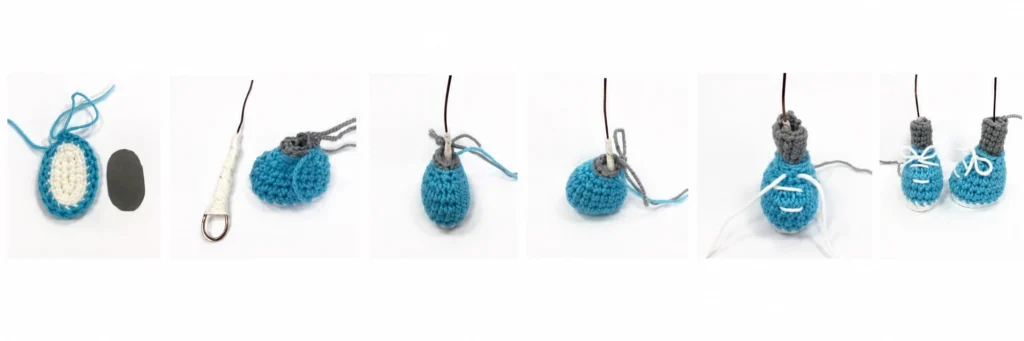 Step-by-step tutorial images showing how to crochet and assemble the wire-jointed legs and turquoise shoes for the bucktooth bunny amigurumi.