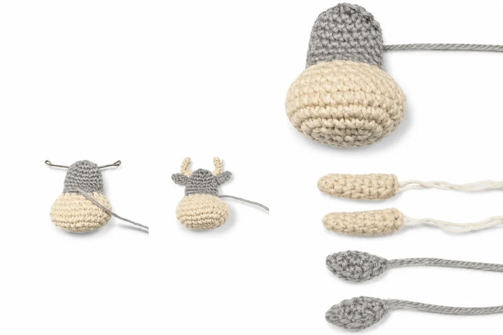 Step-by-step assembly of the bull amigurumi head showing the completed head, internal horn wire support, attached horns and ears, plus separate crochet horns and ears.