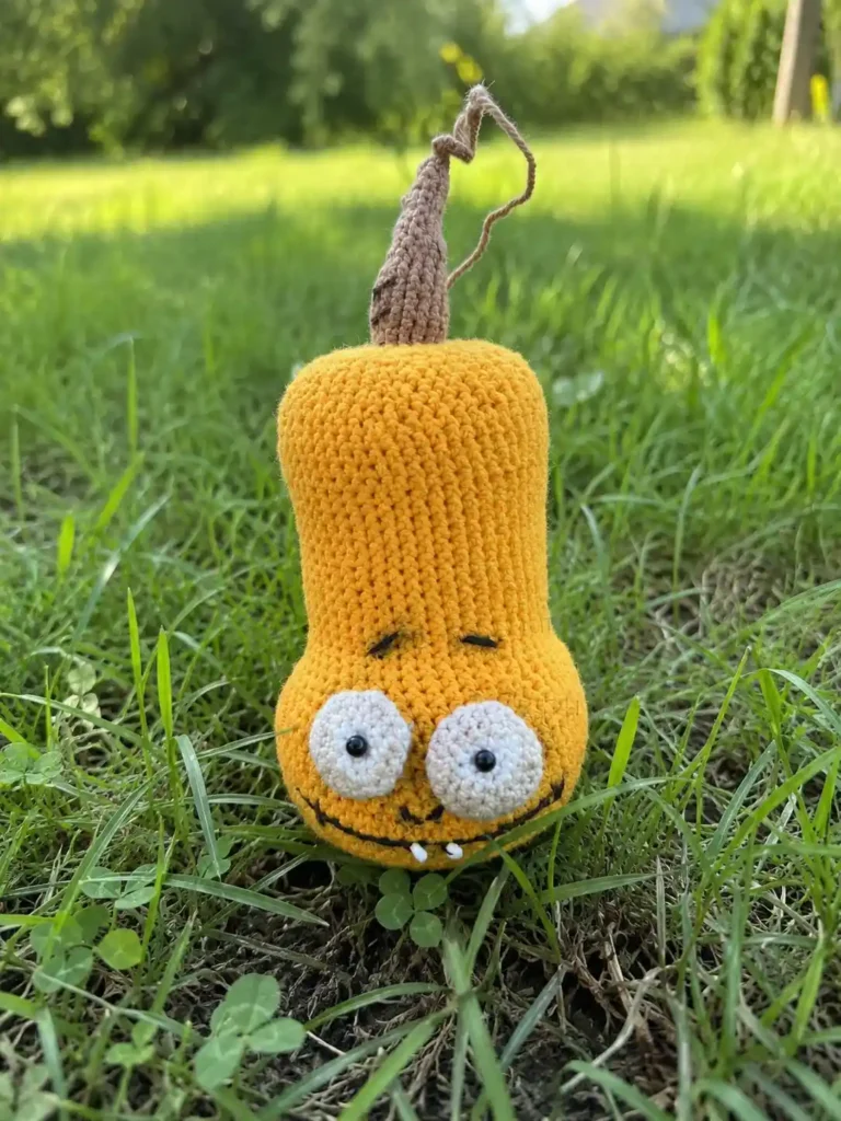 Crocheted yellow butternut squash pumpkin amigurumi with a brown stem sitting in green grass
